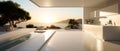 Kitchenroom with pool and ocean view in sunrise or sunset by generate AI.