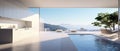 Kitchenroom with pool and ocean view in sunrise or sunset by generate AI.