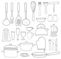 Kitchenware collection. Black outline, silhouettes on white background. Hand draw Royalty Free Stock Photo