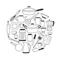 Kitchenware contour set on white background. Round composition with stylized hand drawn doodle dishes vector Royalty Free Stock Photo