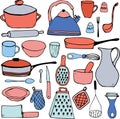 Kitchenware cook set doodle outline color hand drawn.