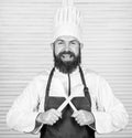 Kitchenware and cooking concept. Lets try taste. Add some spices. Man with beard in cook hat and apron hold cooking Royalty Free Stock Photo