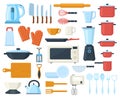 Kitchenware cooking culinary cutlery, tools, utensils elements. Tableware, kitchen tools and dishes vector illustration