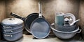 Kitchenware cooking pans in household goods store Royalty Free Stock Photo