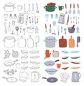 Kitchenware and cutlery. Cooking tools, kitchenware, utensil. Kitchen utensils vertical banner. Ceramic plates, mug, cup