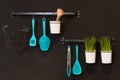 Kitchenware hanging in a wall