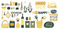 Kitchenware icons collection with cute quote. Cooking utensil hand drawn clip art set Royalty Free Stock Photo