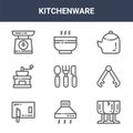 9 kitchenware icons pack. trendy kitchenware icons on white background. thin outline line icons such as glass, tongs, bowl . Royalty Free Stock Photo