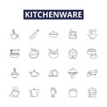 Kitchenware line vector icons and signs. Pans, Utensils, Plates, Bowls, Cutlery, Knives, Peeler, Chopper outline vector Royalty Free Stock Photo