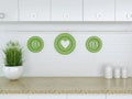 Kitchenware on the marble worktop.