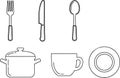 Kitchenware outline vector set utensils and tableware pot spoon and fork Royalty Free Stock Photo