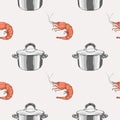 Kitchenware seamless pattern. Stylized hand drawn doodle dishes and shrimp . Colorful illustration.
