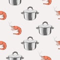 Kitchenware seamless pattern. Stylized hand drawn doodle dishes and shrimp . Colorful illustration. Royalty Free Stock Photo