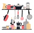 Kitchenware on shelf and table. stylized hand drawn vector illustration on white background.