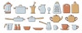 Kitchenware sketch set. Doodle line vector kitchen utensils and tools. Kettle, saucepan, ladle, cezve, plate, cup and bowl. Hand