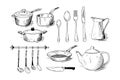 Kitchenware and utensil. Hand drawn illustrations. Set of vector sketches.