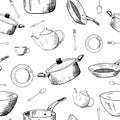 Kitchenware and utensil. Hand-drawn vector sketches. Seamless pattern.