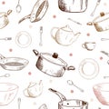 Kitchenware and utensil. Hand-drawn vector sketches. Seamless pattern.