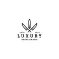 Kitchenware utensil knife logo icon brand in elegant and luxury style with crown elemet, in trendy linear line illustration