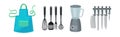 Kitchenware and Utensils with Apron Wear, Knife, Blender and Spatula Vector Set