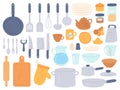 Kitchenware and utensils. Cooking baking kitchen tools. Chef cook equipment pan, bowl, kettle and pot, knives and