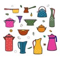 Kitchenware and variety of pots, jugs, spices. Cartoon color vector icons set for design menus, posters, cookbooks.