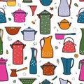 Kitchenware, variety of pots, jugs, spices. Cartoon color vector seamless pattern on a white.