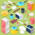 Kitchenware vector household appliance and cookware for cooking or kitchen utensils for kitchener isometric illustration