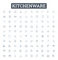 Kitchenware vector line icons set. Cookware, Utensils, Cutlery, Plateware, Appliances, Crockery, Pots illustration