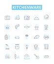 Kitchenware vector line icons set. Cookware, Utensils, Cutlery, Plateware, Appliances, Crockery, Pots illustration