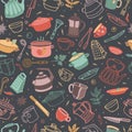 Kitchenware vector pattern. Tool and ware collection. Hand drawn, doodle cooking icon. Cookware element. Template, banner for Royalty Free Stock Photo
