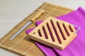 Kitchenware, Vintage cutting wood board and tray with stainless steel knife lie on cloth napkin