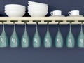 Kitchenware on the wooden shelf. Royalty Free Stock Photo
