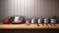 Kitchenware on the wooden worktop. Bright And Clean Kitchen With White Cabinets. generative ai Royalty Free Stock Photo