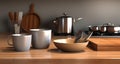 Kitchenware on the wooden worktop. Bright And Clean Kitchen With White Cabinets. generative ai Royalty Free Stock Photo