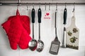 Kitchenware on work top in modern kitchen,