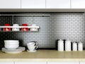 Kitchenware on the worktop.