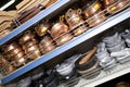 Kitchenwares on display in utensil store Royalty Free Stock Photo