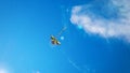 Kite background. Colorful high flying toy. Air kite fly on blue wind sky. Rainbow kite in summer clouds. Festive Royalty Free Stock Photo