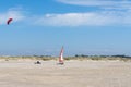 Kite buggy and blokart wind buggy enjoying a windy day on the Wadden Sea island beaches of western Denmark