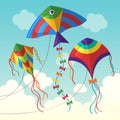 Kite in cloud. Flying outdoor air kite vector funny toys for kids vector background in cartoon style Royalty Free Stock Photo