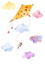 Kite in colorful clouds with watercolor.