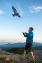 Kite flying. The boy launches a kite. Beautiful sunset