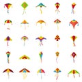 Kite flying festival surf icons set, flat style