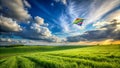 A kite flying high above a green field during a windy day Royalty Free Stock Photo