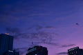 Kite flying is a traditional game of children in Vietnam. Sunset sky, silhouettes of tall houses Royalty Free Stock Photo