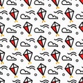 Kite pattern Red kites, clouds, dots, linear graphic, repeated elements, clean Royalty Free Stock Photo