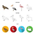 Kite, pelican, flamingo, swan. Birds set collection icons in cartoon,outline,flat style vector symbol stock illustration Royalty Free Stock Photo