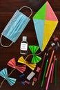 Kite, school materials a mouth mask and  liquid hand sanitizer Royalty Free Stock Photo