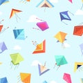 Kite seamless pattern. Flat color kites flying in sky between clouds. Bright cloth fabric print design, decorative Royalty Free Stock Photo